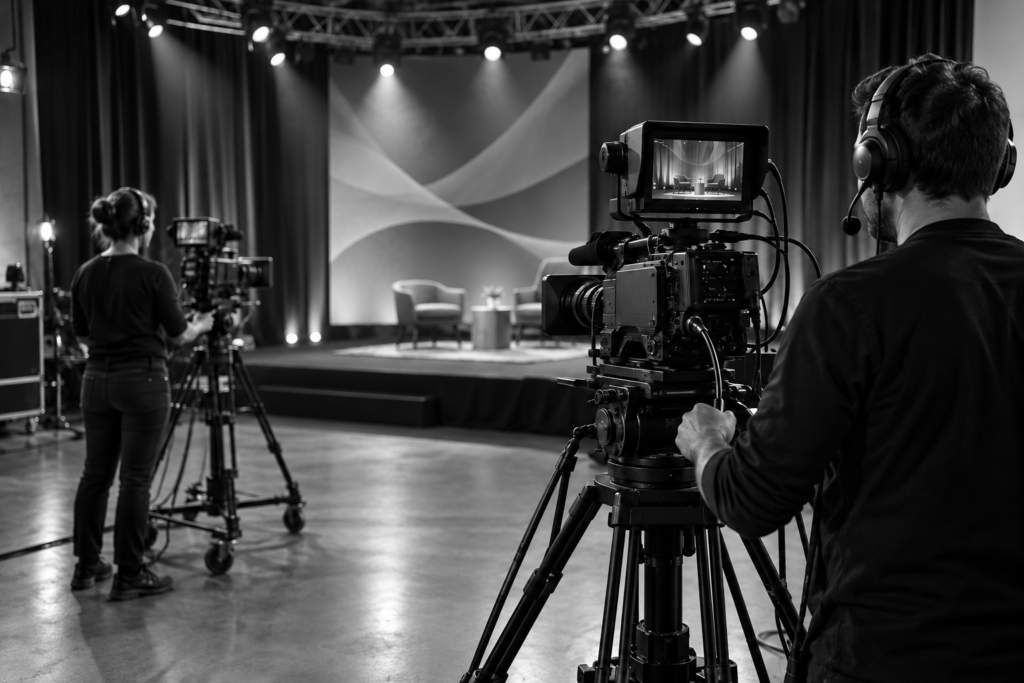 Black-and-white image of two camera operators filming a studio stage.